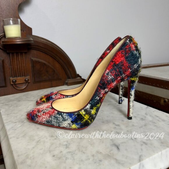 Christian Louboutin Pigalle Follies Tartan Plaid Boucle Pumps size 38.5